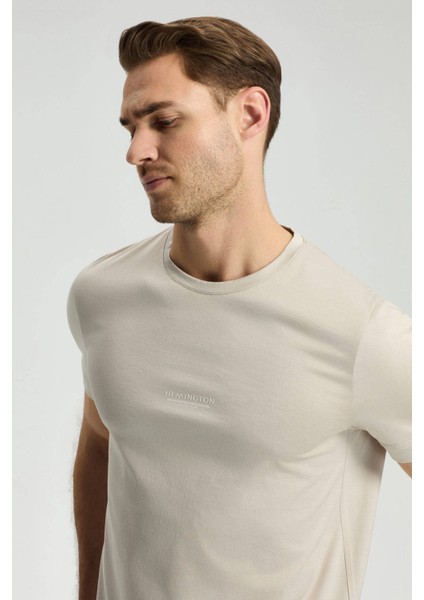 Baskılı Merserize Pamuk Açık Bej Bisiklet Yaka T-Shirt indirimleri