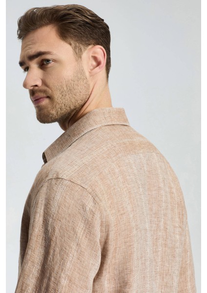 Etnik Desen Saf Keten Camel Gömlek fırsatları