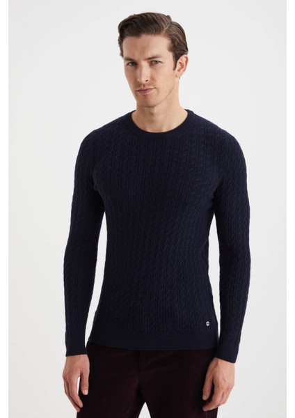 Saç Örgü Desen Lambswool Lacivert Kazak