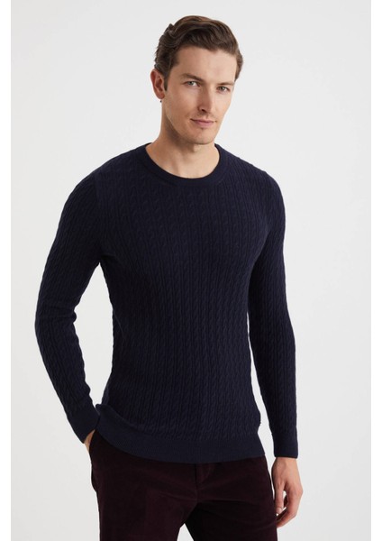 Saç Örgü Desen Lambswool Lacivert Kazak