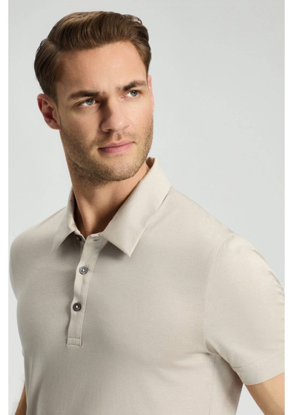 Merserize Pamuk Açık Bej Polo Yaka T-Shirt