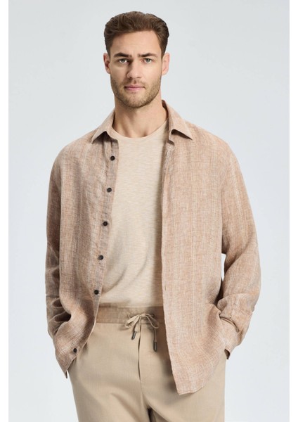 Etnik Desen Saf Keten Camel Gömlek