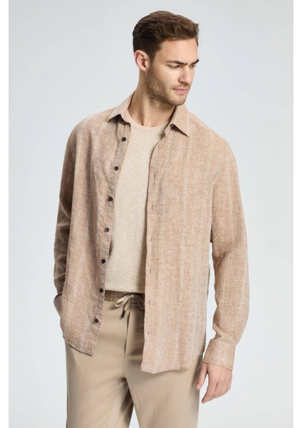 Etnik Desen Saf Keten Camel Gömlek modelleri