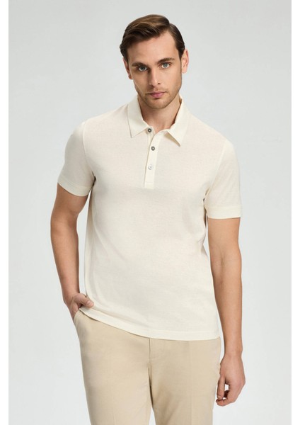 Merserize Pamuk Krem Rengi Polo Yaka T-Shirt