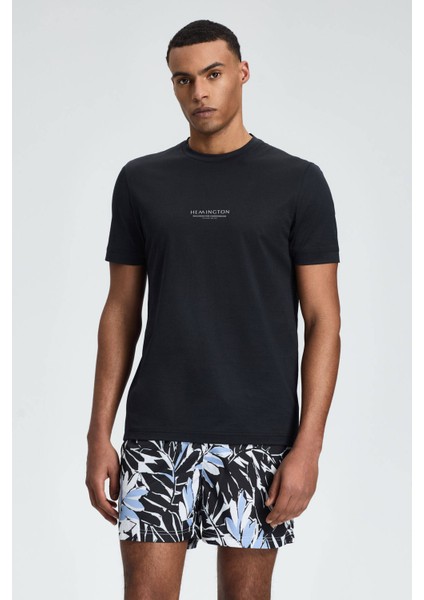 Baskılı Merserize Pamuk Siyah Bisiklet Yaka T-Shirt