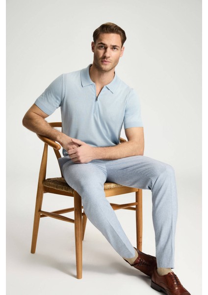 Pamuk Keten Karışım Orta Mavi Chino Pantolon