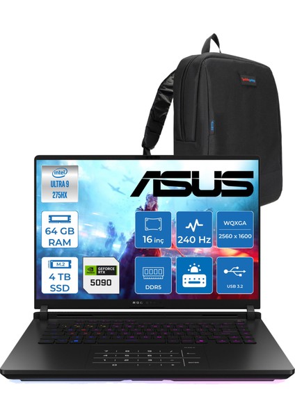 Rog Strix Scar 16 G635LX-RW145 Ultra 9 275HX Aı 64GB GB 4tb SSD 24GB/RTX5090 Gddr7 175W 16" Wqxga 240Hz 3ms 1200NITS Freedos Gaming Laptop WRWF14531+ZETTAÇANTA