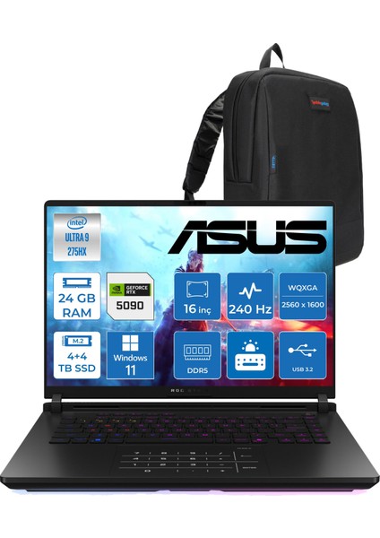 Rog Strix Scar 16 G635LX-RW145 Ultra 9 275HX Aı 24GB GB 4tb Ssd+4tb SSD 24GB/RTX5090 Gddr7 175W 16" Wqxga 240Hz 3ms 1200NITS WIN11PRO Gaming Laptop WRW14508+ZETTAÇANTA