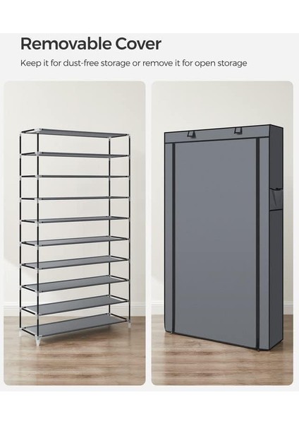 Songmıcs Shoe Rack, 9 Tier Shoe Organizer With Nonwoven Fabric Cover, Shoe Storage Shelf For 40-50 Pairs Of Shoes, Entryway, Suitable For Sneakers, High Heels, Flats, And Boots, Grey RXJ36G01