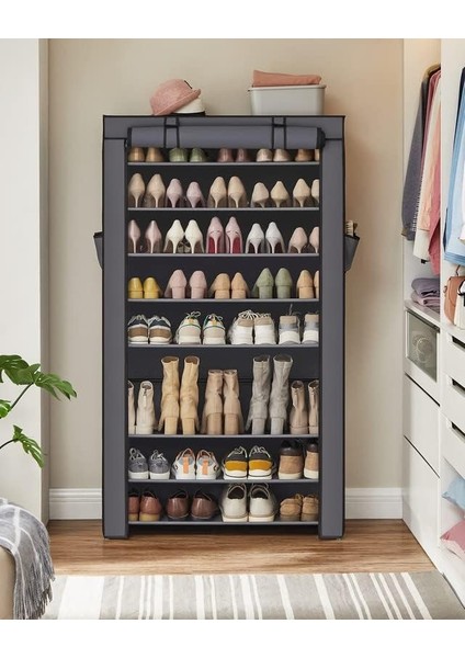 Songmıcs Shoe Rack, 9 Tier Shoe Organizer With Nonwoven Fabric Cover, Shoe Storage Shelf For 40-50 Pairs Of Shoes, Entryway, Suitable For Sneakers, High Heels, Flats, And Boots, Grey RXJ36G01