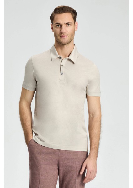 Merserize Pamuk Açık Bej Polo Yaka T-Shirt