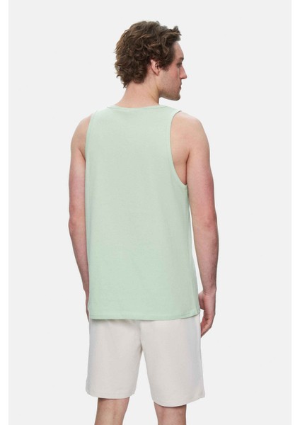 Pebble Duman Yeşili Sıfır Kol Baskılı Oversize Erkek Tshirt