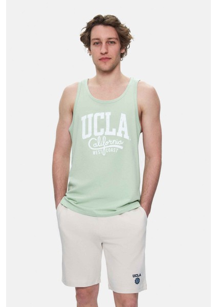 Pebble Duman Yeşili Sıfır Kol Baskılı Oversize Erkek Tshirt