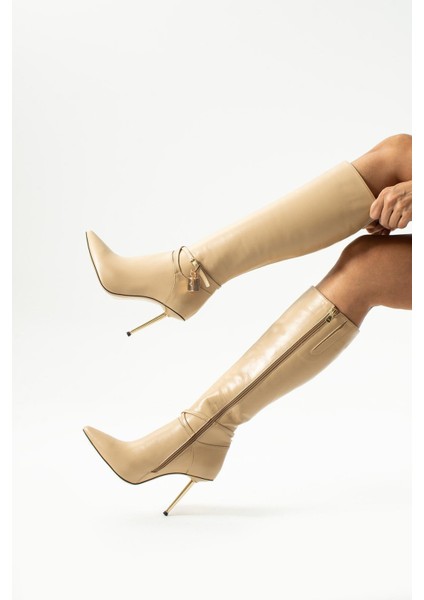 Kadın Hakiki Deri Aksesuarlı Çizme Camel