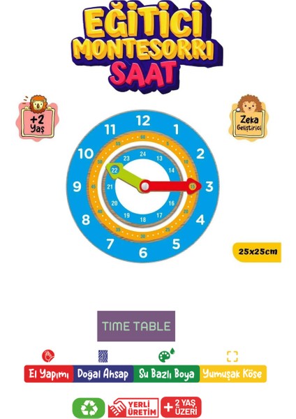 Ahşap Eğitici ve Öğretici Montessori Saat