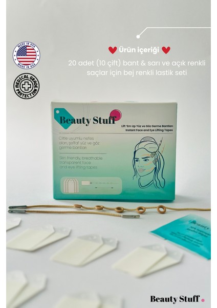 Lift 'em Up Yüz & Göz Germe Bantları-(20’li Paket) Bej Lastikli (Made in USA)