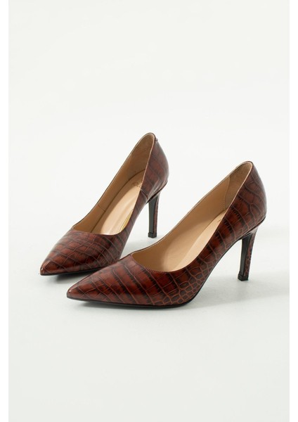 Kadın Deri Stiletto Bordo Kroko