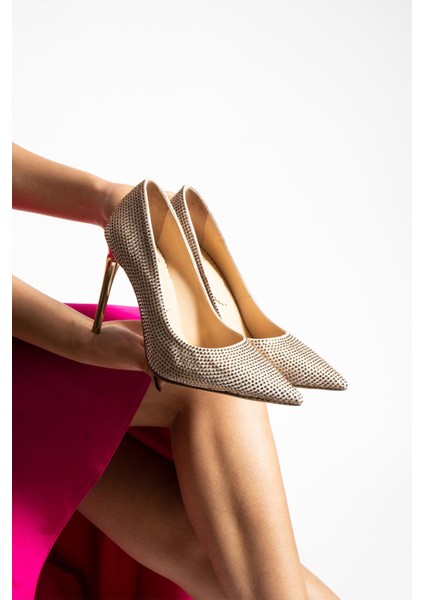 Kadın Deri Taşlı Stiletto Bej