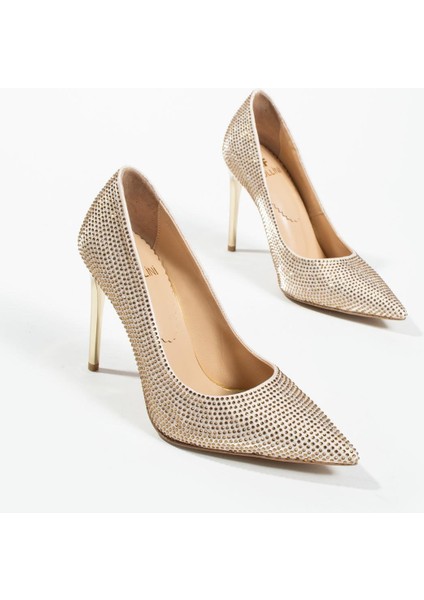 Kadın Deri Taşlı Stiletto Bej