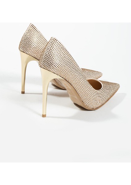 Kadın Deri Taşlı Stiletto Bej
