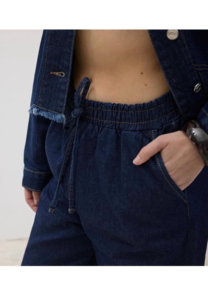 Beli Bağlamalı Lacivert Kot Pantolon