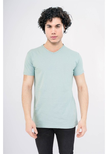 Slim Fit Unisex V Yaka Mint Yeşili %100 Pamuk Süprem