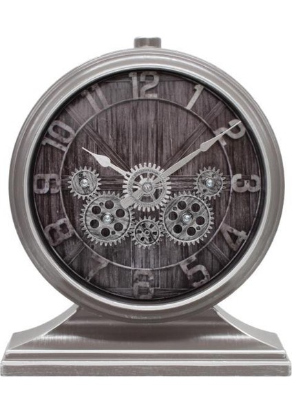 Premium Serisi Antik Eskitme Kadranlı Döner Çarklı 32X28 cm Ev ve Ofis Masa ve Duvar Saati Rakamlı Gri