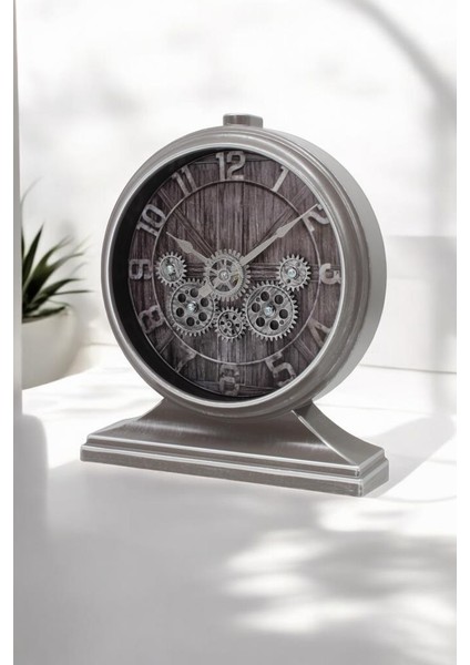 Premium Serisi Antik Eskitme Kadranlı Döner Çarklı 32X28 cm Ev ve Ofis Masa ve Duvar Saati Rakamlı Gri modelleri