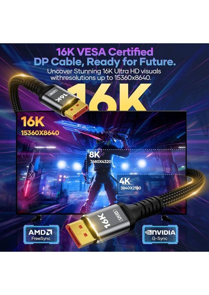 8k Displayport Dp Kablo Örgülü 2 Metre 2.1 Versiyon Dp Kablo Gaming Sinema Yüksek Kalite Dp Kablo