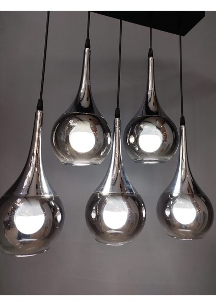 5 Li Krom Metal Camlı Avize