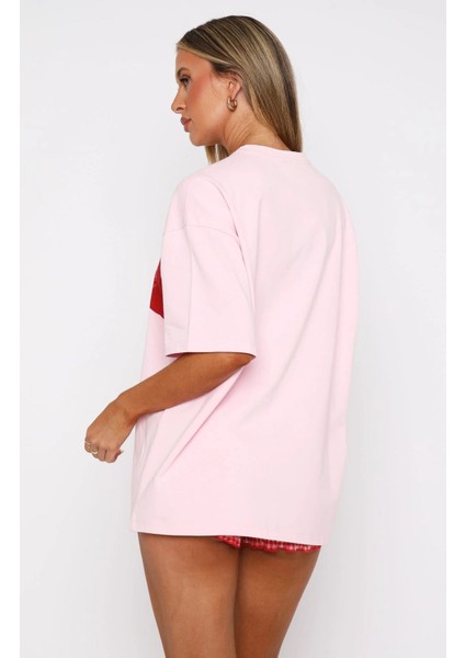 Dantel Bralet Baskılı Pembe Oversize %100 Pamuk Kadın T-Shirt fiyatları