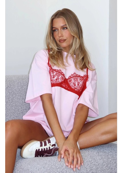 Dantel Bralet Baskılı Pembe Oversize %100 Pamuk Kadın T-Shirt modelleri