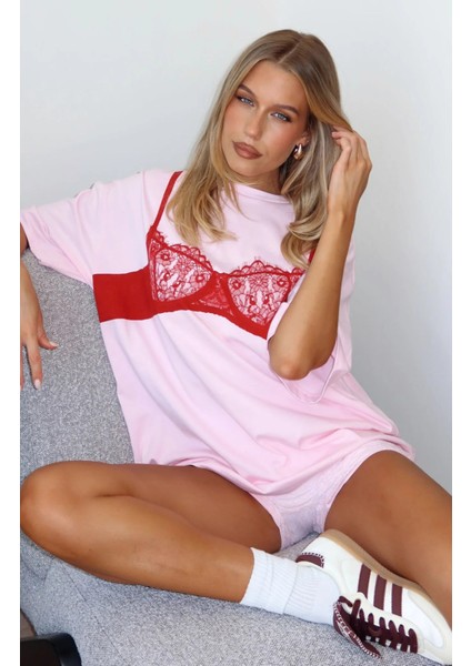 Dantel Bralet Baskılı Pembe Oversize %100 Pamuk Kadın T-Shirt fırsatları