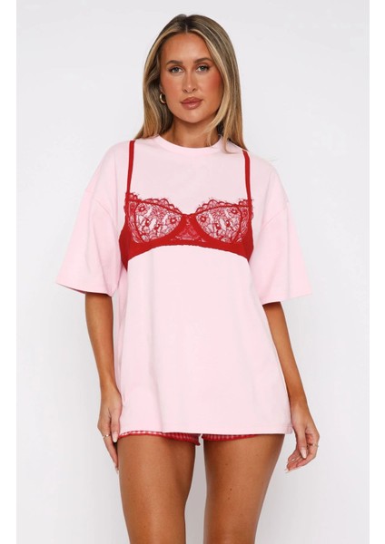Dantel Bralet Baskılı Pembe Oversize %100 Pamuk Kadın T-Shirt indirimleri