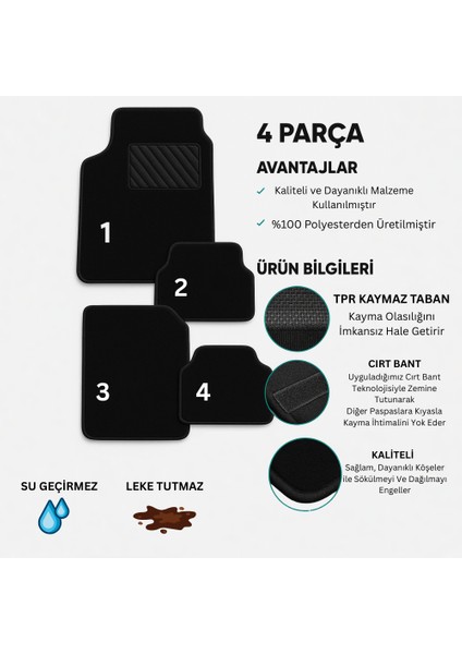 Oto Paspas Halı Kaymaz Taban Yıkanabilir Silinebilir Universal Tüm Araç ve Modellere Uyumlu Lüks Siyah Tpr Taban 4 Parça Siyah fiyatları