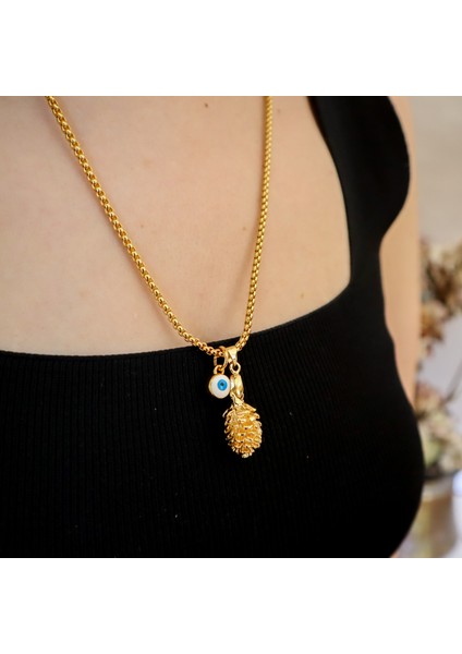Kozalak ve Nazar Boncuğu Detaylı Altın Kaplama Kadın Uzun Kolye
