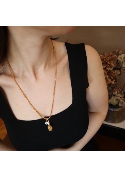 Kozalak ve Nazar Boncuğu Detaylı Altın Kaplama Kadın Uzun Kolye fiyatları