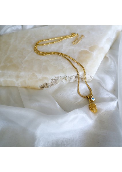 Kozalak ve Nazar Boncuğu Detaylı Altın Kaplama Kadın Uzun Kolye indirimleri