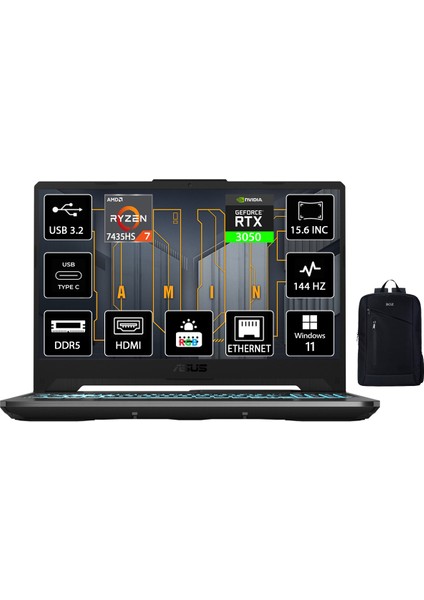 Tuf Gaming A15-FA506NCR-HN114-GAMING-AMD Ryzen 7 7435HS Geforce RTX3050 32GB Ddr5 1tb SSD 15.6'' Windows 11 Pro Gaming Notebook + Boz Çanta