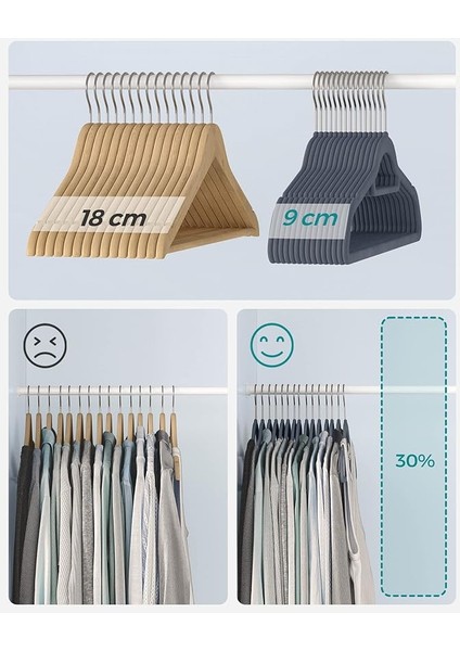 Songmıcs CRF100VX 100 Adet Kadife Elbise Askısı, Kaymaz Yüzeyli Askı Seti, Yer Tasarrufu Sağlayan Elbise Askısı, 360° Dönebilen Metal Kancalı, Açık Gri, CRF100VX modelleri