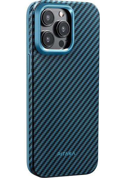 Apple iPhone 15 Pro Kılıf M-Safe Uyumlu 1500D Aramid Fiber Pitaka Military-Grade Classic Serisi Siyah-Mavi