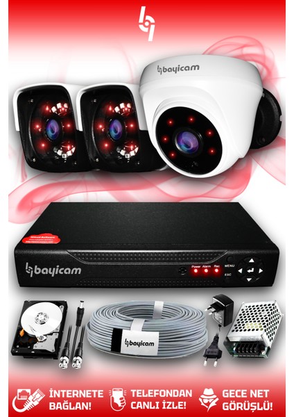 3 Kameralı Panda 1 Iç Kamera Set 500 GB HDD Full Hd Gece Görüşlü Güvenlik Kamerası Sistemi