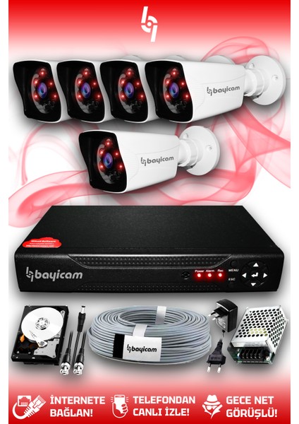 5 Kameralı Kare 5 Dış Kamera Set 500 GB HDD Full Hd Gece Görüşlü Güvenlik Kamerası Sistemi