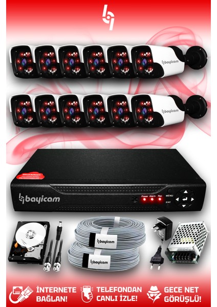12 Kameralı Panda 12 Dış Kamera Set 500 GB HDD Full Hd Gece Görüşlü Güvenlik Kamerası Sistemi