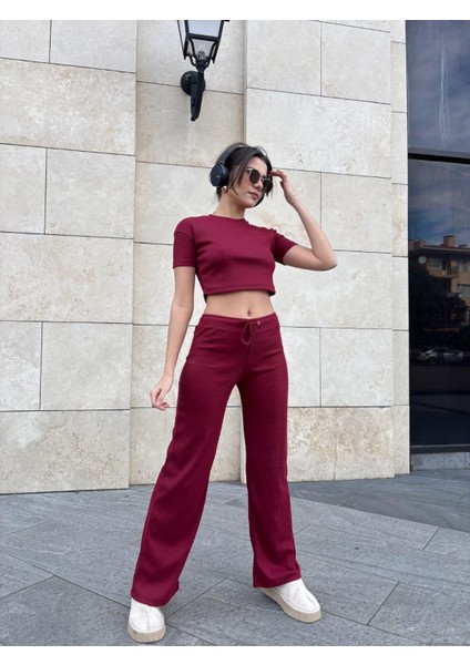 Kaşkorse Dokuma Pamuk Kumaş Bisiklet Yaka Kısa Kollu Crop Bluz & Bol Paça Yüksek Bel 2'li Alt Üst Takım Kadın Bluz