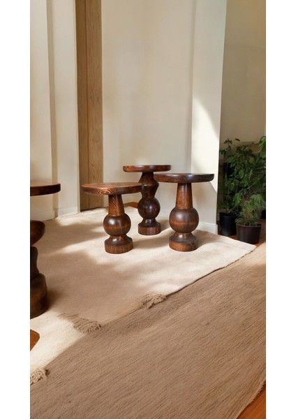 Wood Ahşap 3’lü Set Ürgüp Mantar Yan Sehpa Konik Model / Kestane Renk / Zigon Sehpa Vernikli