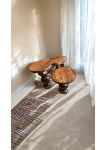Wood Ahşap 3’lü Set Ürgüp Mantar Yan Sehpa Konik Model / Kestane Renk / Zigon Sehpa Vernikli