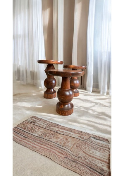Wood Ahşap 3’lü Set Ürgüp Mantar Yan Sehpa Konik Model / Kestane Renk / Zigon Sehpa Vernikli
