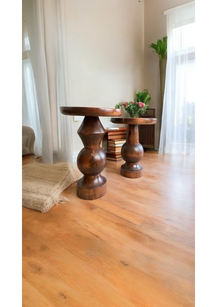 Wood Ahşap 2'li Set Mantar Yan Sehpa Modern Fiskos / Kestane Renk / Zigon Sehpa Vernikli