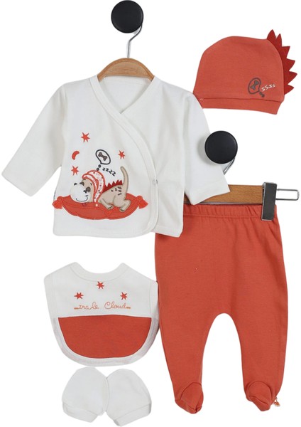 Sevimli Köpek Nakışlı Lüx Unisex Yeni Doğan Hastane Çıkış 5'li Zıbın Seti - Kutulu Hediyelik Set (Hediye Paketi Yapılır)